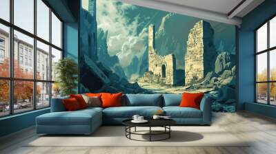 The image depicts a scene of abandoned stone ruins in a mountainous landscape with a cloudy sky Wall mural