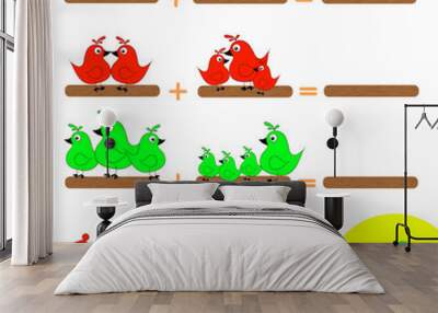 Counting game for preschool children. Count how many birds of a certain color are sitting on the crossbar.  Wall mural