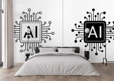 Digital technology circuit line style Machine learning design. Editable stroke and solid icon set. Vector illustration Wall mural