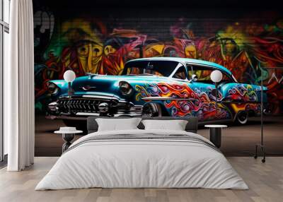 a colorful image of a colorful lowrider vintage car in the sunset Wall mural