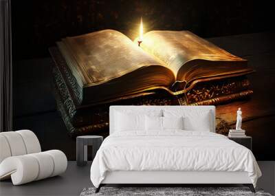 Shining Holy Bible Ancient Book On Old Table Wall mural