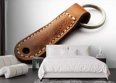 brown leather keyring with stitching and metal ring isolated on white background Wall mural