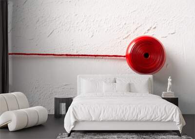 red string connected to a red circle on a white wall with a rough texture Wall mural