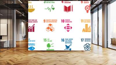 Sustainable Development Goals icons in English  with inverse  color Wall mural