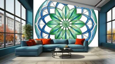 A vibrant mandala with a green and blue design, radiating out from the center. Wall mural