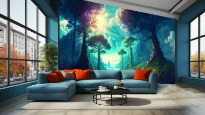 beautiful fantasy setting, very colorful, run rays, blue sky Wall mural