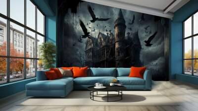 black birds of doom chaotically flying along with dark spirits released from imprisonment in a vampire castle, dark clouds, detailed Wall mural