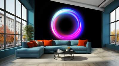 Circle light effect. Neon glowing circle with light rays. Frame isolated on black background Wall mural