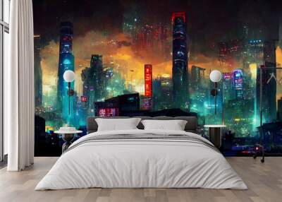 Concept art illustration of cityscape of asian cyberpunk city at night. Wall mural