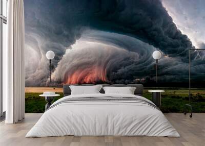 Large clouds on grasslands, thunderstorm rainstorm tornado warning weather photography Wall mural