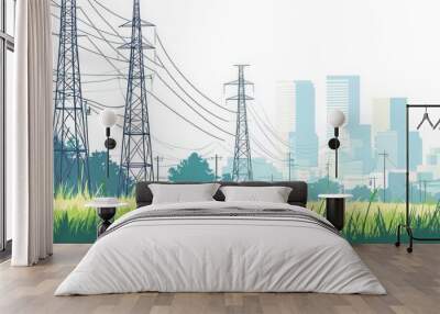 Tall power lines & city skyline Wall mural