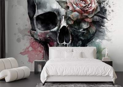 watercolor skull flower with Generative AI Wall mural