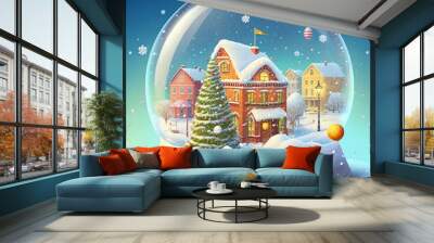 winter wonderland with little town and Christmas tree inside a snow globe , snowing, festive.	 Wall mural