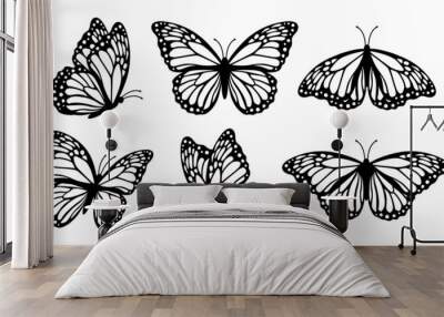 Monarch butterfly silhouettes collection, vector illustration isolated on white background Wall mural