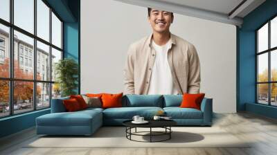 cinematic shot,happy asian male 27 years old, earth tone color outfit, standing Wall mural