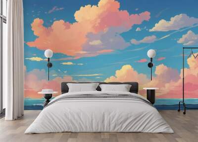 illustration of clouds and blue sky over  the sea, abstract painting Wall mural