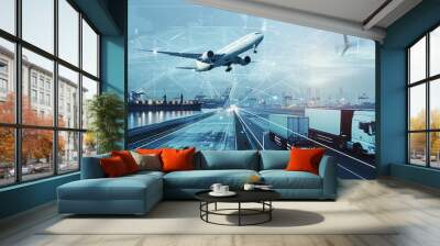 A bustling modern airport and cargo logistics scene with a plane, truck, and ship highlighting global trade and transportation Wall mural