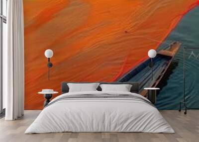 A picturesque scene with a lone boatman paddling on a river with vibrant orange reflections from the sunset Wall mural