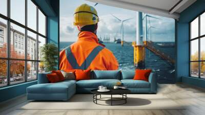 A professional shot of a worker in safety gear observing offshore wind turbines from a platform Wall mural