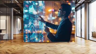 A sharply dressed man gestures towards virtual data screens that paint the air with glowing graphs and analytics Wall mural