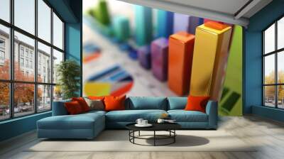 a vibrant 3d render of a variety of colorful bar charts and pie graphs representing statistical data Wall mural