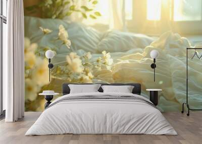 A warm and inviting bedroom basked in sunlight, with white bed sheets and fresh white flowers on the side Wall mural