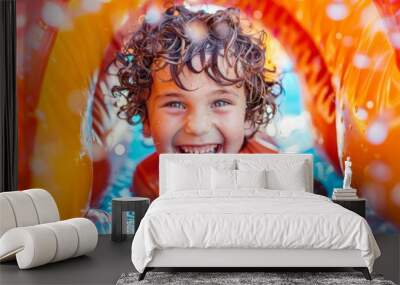 A young boy with curly hair grins while floating in a water tube in a pool Wall mural