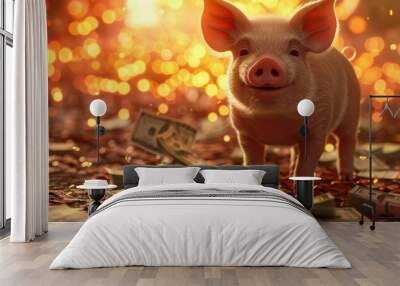 An adorable piglet stands among piles of cash with money raining down, illustrating wealth and savings Wall mural