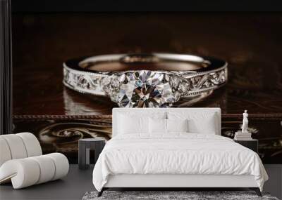 An exquisite diamond ring is tastefully displayed against a richly ornate background, highlighting its splendor Wall mural