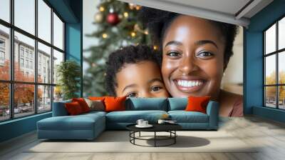 black mother and child happy in front of christmas tree, summer setting --personalize nqygd1o --v 6.1 Job ID: 6e548968-5553-4da2-9237-0eb53e1a610f Wall mural