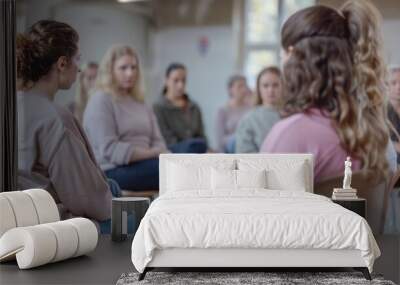 Diverse group of people sitting in a circle during a therapy session in a modern setting Wall mural