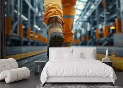 Dynamic low-angle shot of a worker's feet in safety boots walking through an industrial facility Wall mural