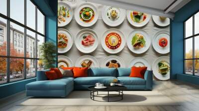 Overhead view of various gourmet dishes meticulously arranged on plates in a restaurant setting Wall mural