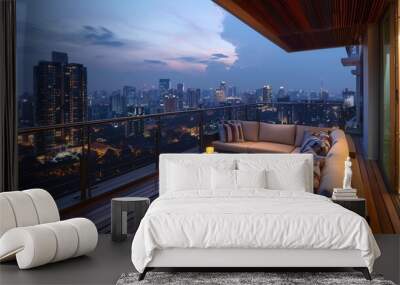 This image showcases a twilight scene from a balcony offering a breathtaking city view and serene atmosphere Wall mural