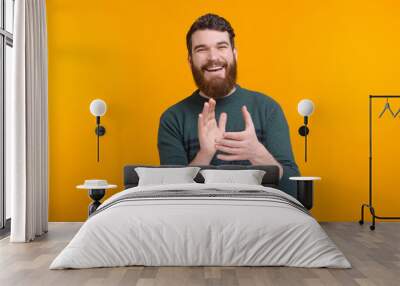 Cheerful smiling bearded man is applausing on yellow background. Wall mural