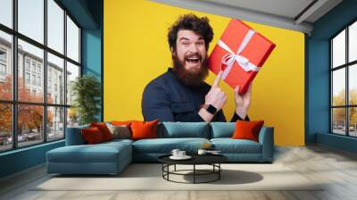 Handsome bearded man, looking excited at camera, holding a gift box, and standing over yellow background Wall mural