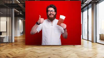 Happy hipster man is holding passport while standing over red background showing like gesture. Wall mural