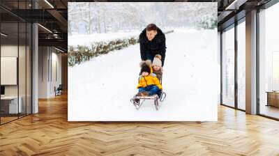 Photo of family time, handsome father sledge his sons, having fun together Wall mural