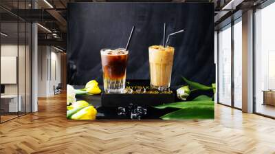 Two glasses of cold coffee drinks with iced cubes on black background. Wall mural