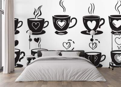 Set of cups of coffee. Collection of stylized coffee cups with heart. Vector illustration of hot drinks. Logotype for coffee house. Wall mural