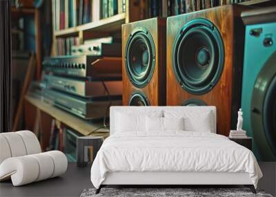 A stereo system or speakers for playing music, often accompanied by a collection of CDs, vinyl records, or digital playlists  Wall mural