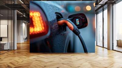 A close-up of an electric car being charged, highlighting the sleek design and the importance of sustainable energy solutions in the context of modern automotive technology. Wall mural