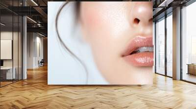 A macro photo capturing smooth, soft, and glossy lips with a natural and subtle look, highlighting the beauty of the skin texture and lip detail. Wall mural