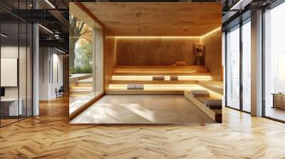 A modern sauna interior features wooden seating and soft lighting, with a large window offering a tranquil view of nature outside, creating a serene relaxation space. Wall mural