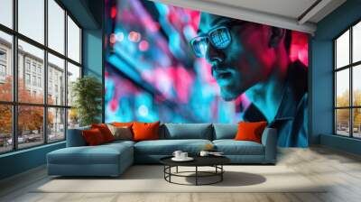 An individual focused on their work amidst a vibrant, neon-lit setting, giving a sense of concentration and modern aesthetic with a colorful backdrop. Wall mural