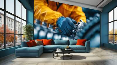 The technician in yellow uniform, displaying intense focus, repairs a large machine gear in a workshop environment, highlighting the intricacies of industrial repairwork. Wall mural