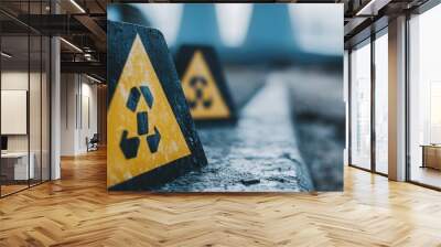 This image features multiple triangular hazard warning signs personifying danger and caution with an industrial background, emphasizing safety in hazardous environments. Wall mural