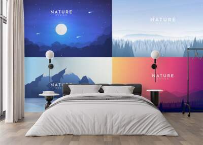 Set of 4 nature backgrounds. Misty night with moon light, winter forest, morning scene, mountain with reflection in water, colorful sky and polygonal hills. Vector flat landscape. Website template Wall mural