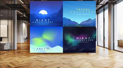 Vector abstract background set. Minimalist style. Flat concept. 4 landscapes collection. Clouds by the water, road between mountains, aurora in the Arctic, night boreal. Website template. UI design.  Wall mural