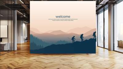 Vector background with tourists. Travel concept of discovering, exploring and observing nature. Hiking. Travelers climb with backpack and travel walking sticks. Website template. Flat landscape Wall mural